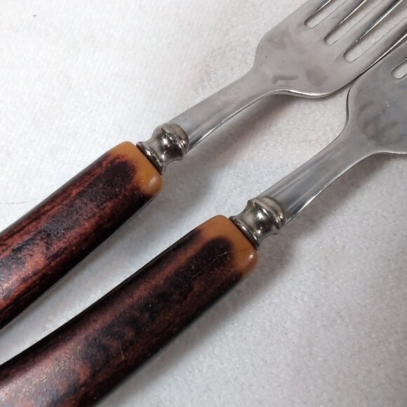 Vintage Glo-Hill Faux Antler Forks 10 Set Faux Wood Stainless Steel Cutlery - Picture 7 of 10